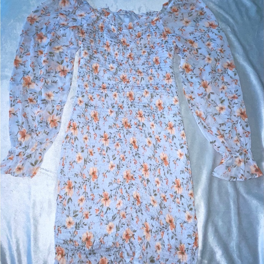 Blue Floral Smocked Long Sleeve Mini Dress